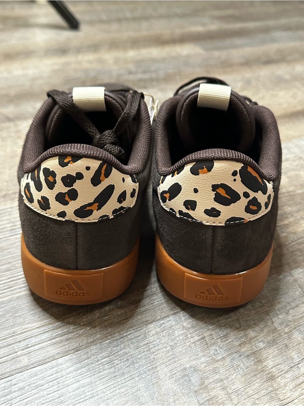 adidas VL Court 3.0 Brown Suede Sneakers with Leopard-Pattern Stripes - Picture 3 of 5